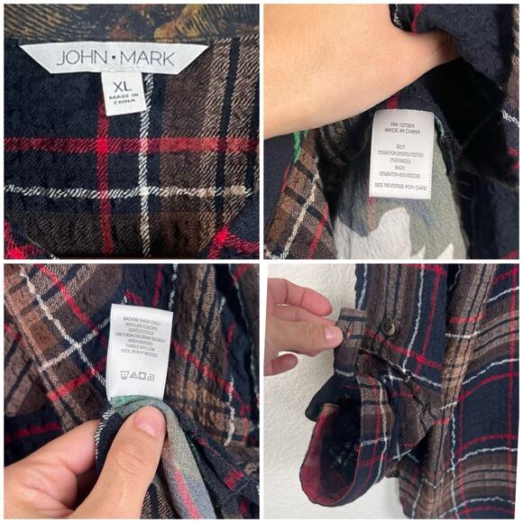 John Mark Plaid Button Up Shirt XL Mixed Print Floral Back Long Sleeve - Picture 6 of 7